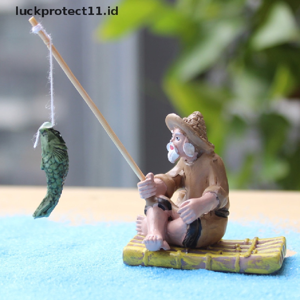 //HG&amp;ID// Fishing Old Man Resin Figure Statue Garden Ornament Micro-Landscape Garden Craft .