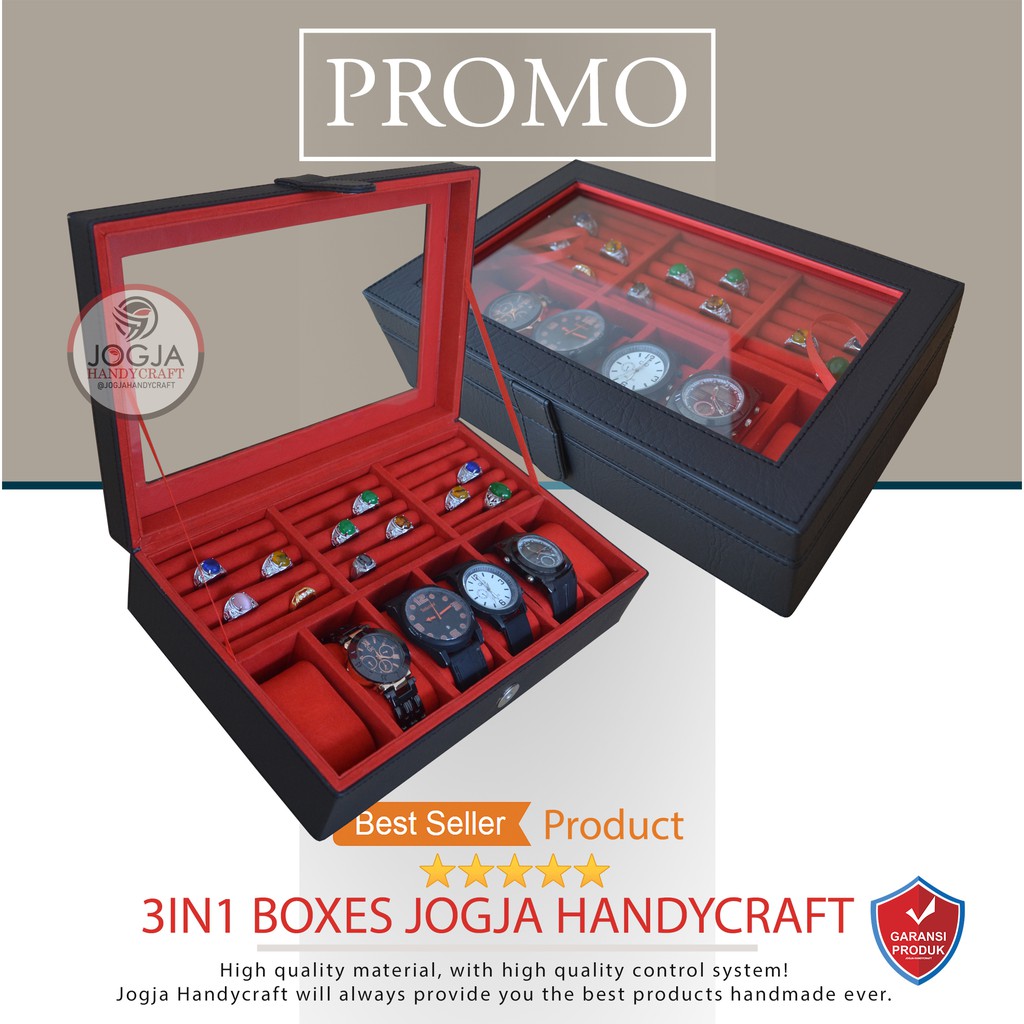 Kotak Tempat Jam Tangan Kombinasi Tempat Cincin | Watch Box Mix Ring Black Red (Kualitas Super)