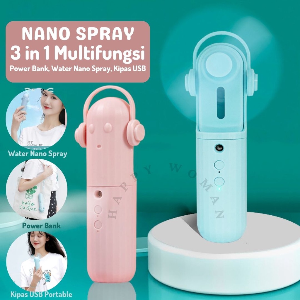 Kipas Angin Portable Mini Usb Nano Spray Powerbank Cute  3 in 1 Aksesories Mini Fan Tali Gantung Multifungsi