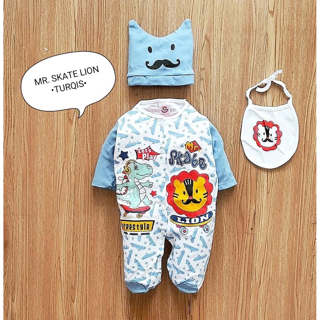 Klik Mds Jumper Anak Bayi Usia 0-6 Bulan Motif Mr. Skate Lion Free Topi Dan Slaber / Jumper Bayi