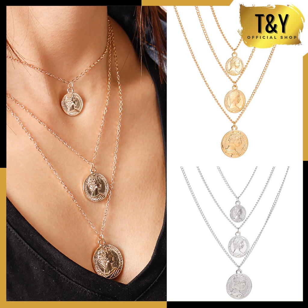 T&amp;Y Kalung Rantai Multi Layer 6525 Kalung Liontin Koin Necklace Mode Retro 3 Layer Choker Rantai Bulat Gaya Korea