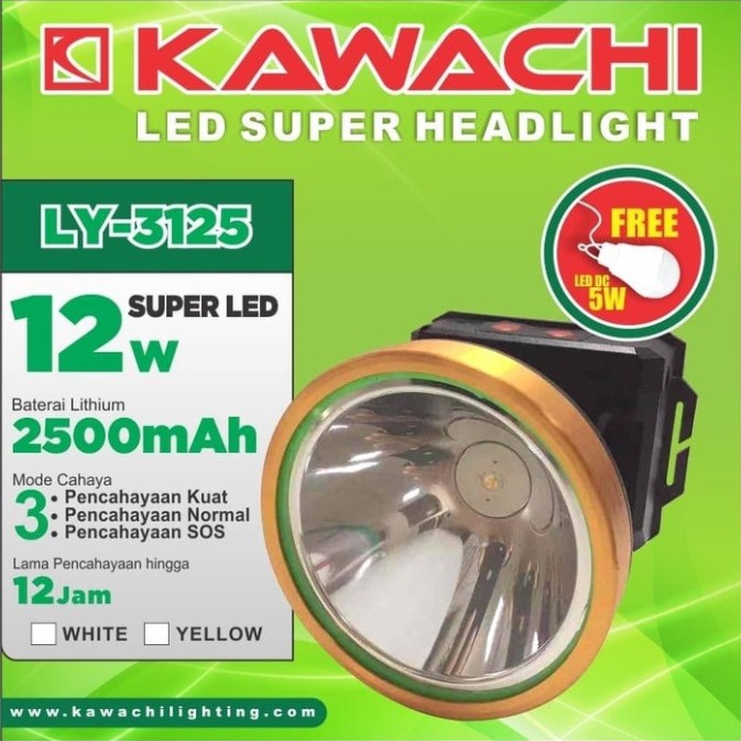 Senter Kepala Kawachi LY-3125 Headlamp Putih 12 Watt Gratis Bohlam