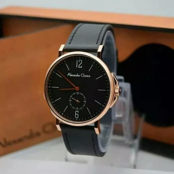 Jam AC ALexandre Christie 8458 Kulit Hitam Rosegold Original