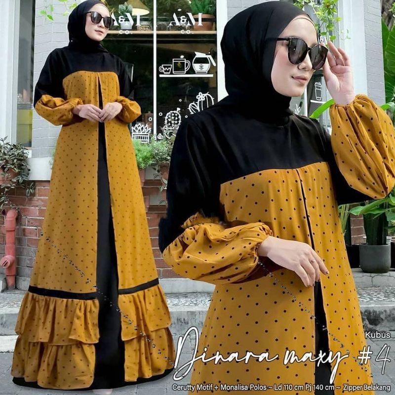 Gamis Syari Dinara Maxy Gamis Jumbo Dress Ceruty Renda Polkadot Fashion Muslim Dress Wanita Kekinian