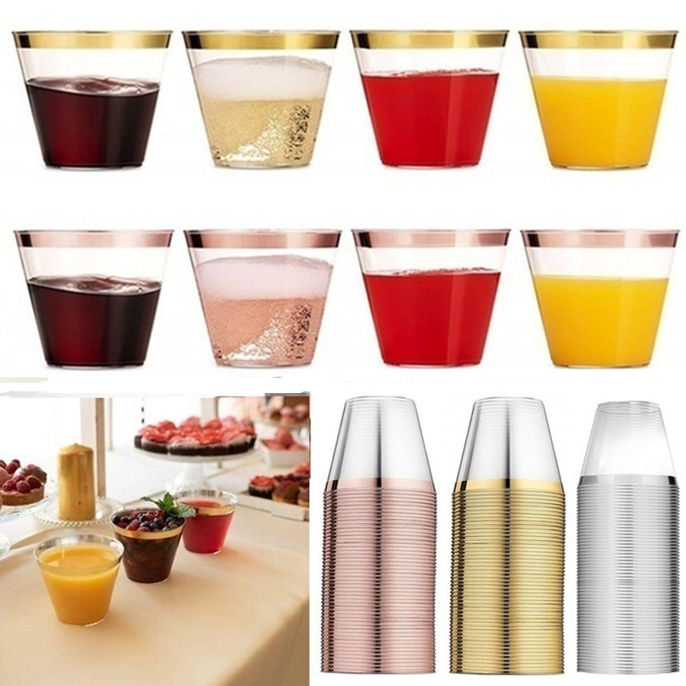 Disposable Plastic Cups Rose Gold Rimmed Transparent Cups Tableware for Wedding Birthday Party Cups