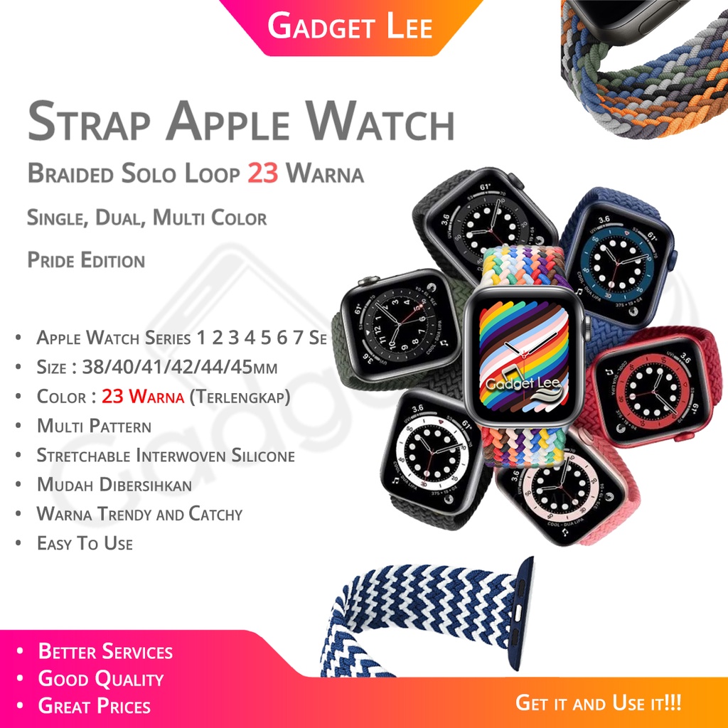 Strap Apple Watch Braided Solo Loop Nylon Elastis Adjustable Stretchable Sport Band iWatch Tali Jam 38mm 40mm 41mm 42mm 44mm 45mm Apple Watch Series 1 2 3 4 5 6 7 SE 8 ultra