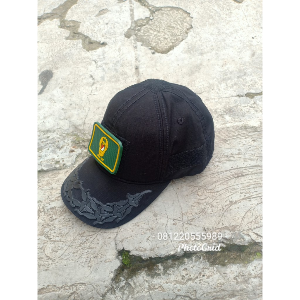 Topi pamen TNI AD hitam free patch rubber logo