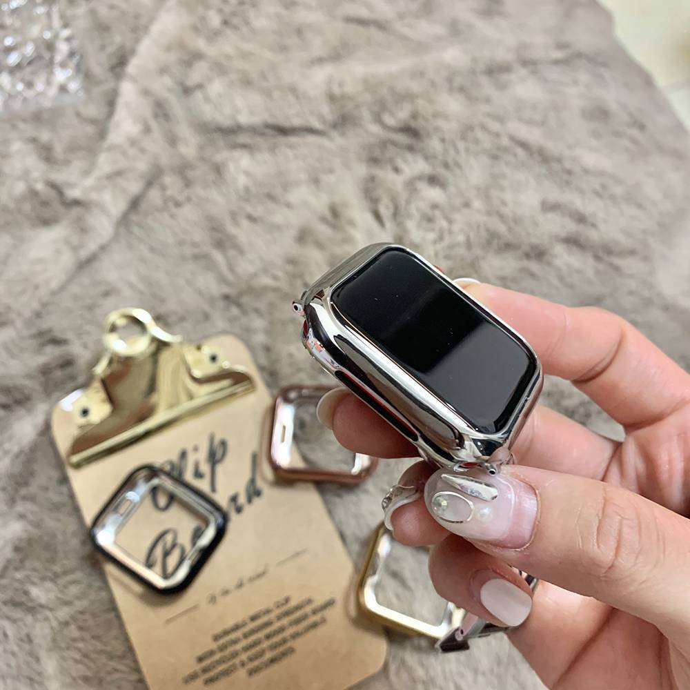 &quot; LIST CHROME COVER &quot; GLASS CASE APPLE WATCH - SERIES 1 2 3 4 5 6 7 SE | SIZE 38mm 40mm 41mm 42mm 44mm 45mm | tempered glass case pelindung layar cover iwatch