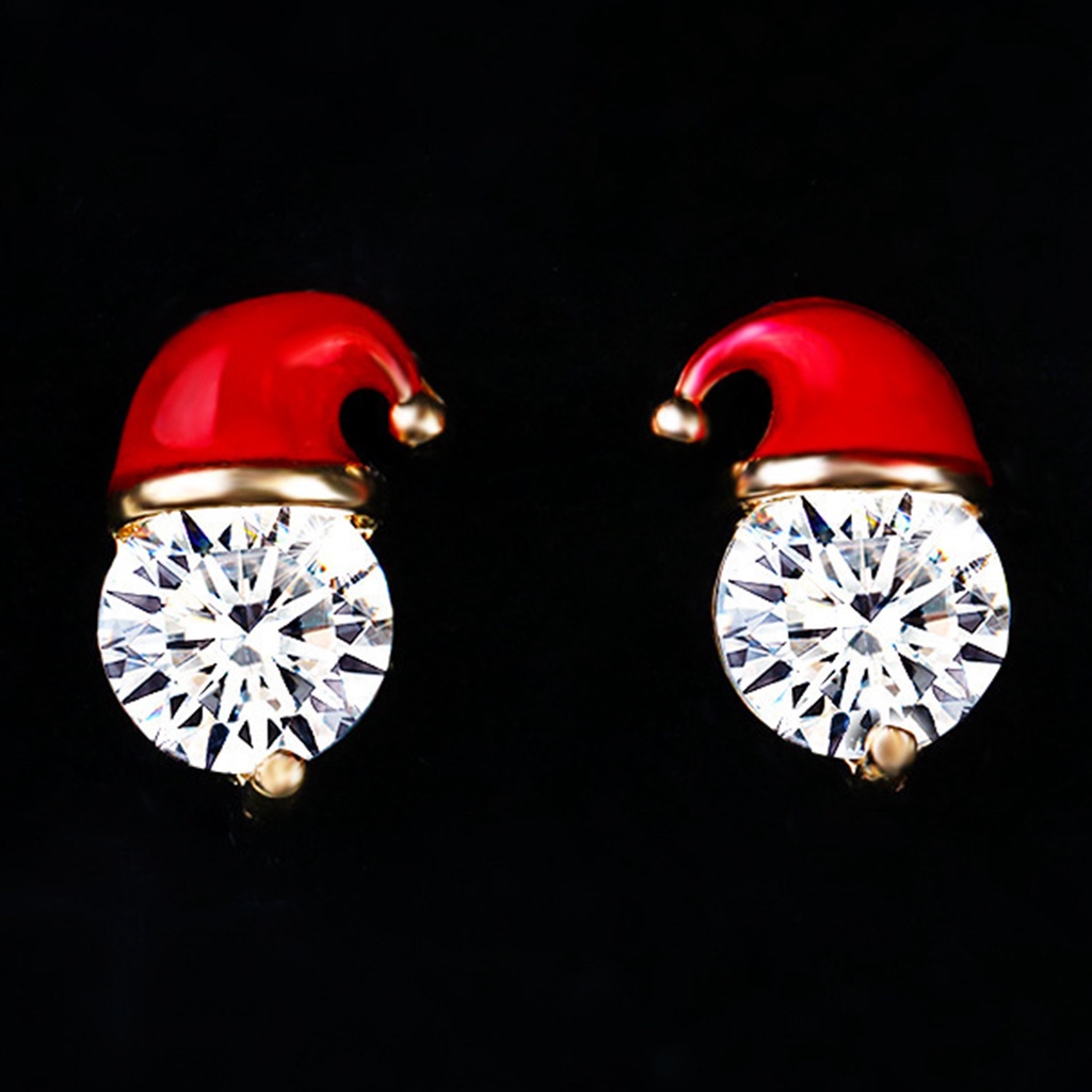 Hu Hu Hu Hu Hu Alat Bantu Pasang Kacamata♡ 1 Pasang Anting Stud Cubic Zirconia Bentuk Topi Natal Warna Merah Untuk Wanita