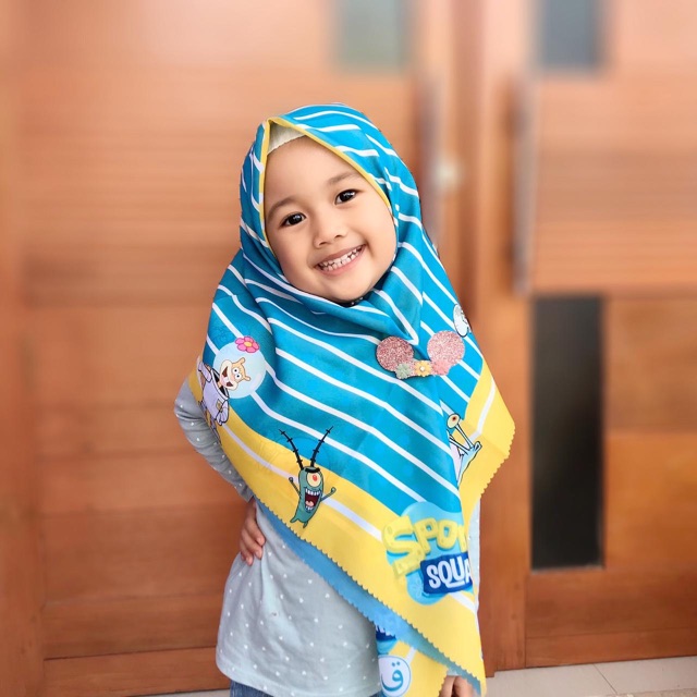 VOAL PRINTING MOTIF SPONGEBOB / HIJAB ANAK KARAKTER SPONGEBOB / JILBAB ANAK LUCU