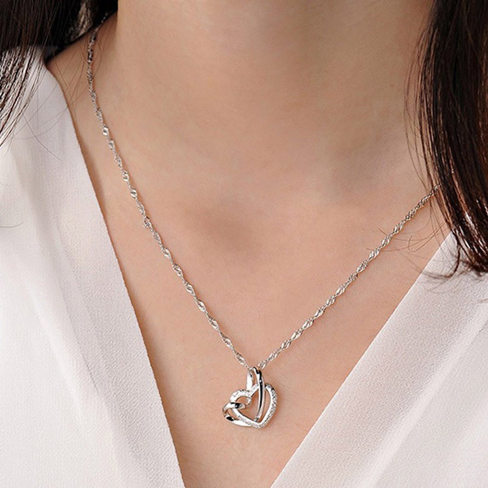 925 sterling silver double heart pendant necklace collarbone