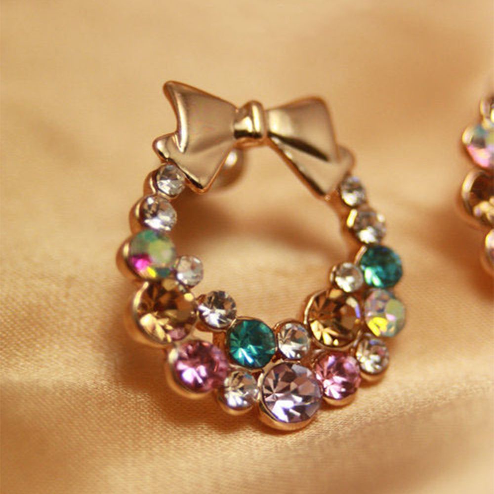 Needway  Jewelry 1 Pair Crystal Stud Gold Women Colorful Bowknot Ear Rhinestone Earring