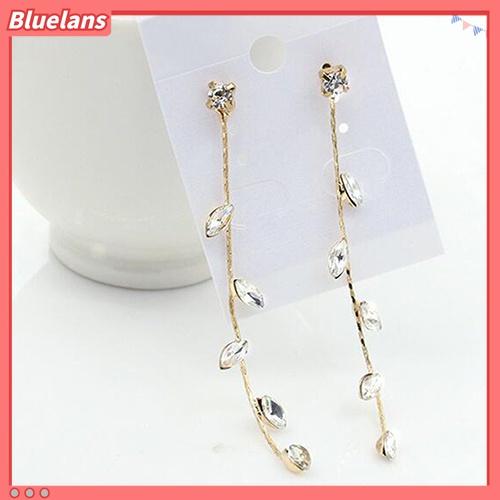 Anting Panjang Desain Ranting Daun Willow Linear Aksen Berlian Imitasi Gaya Elegan Untuk Wanita