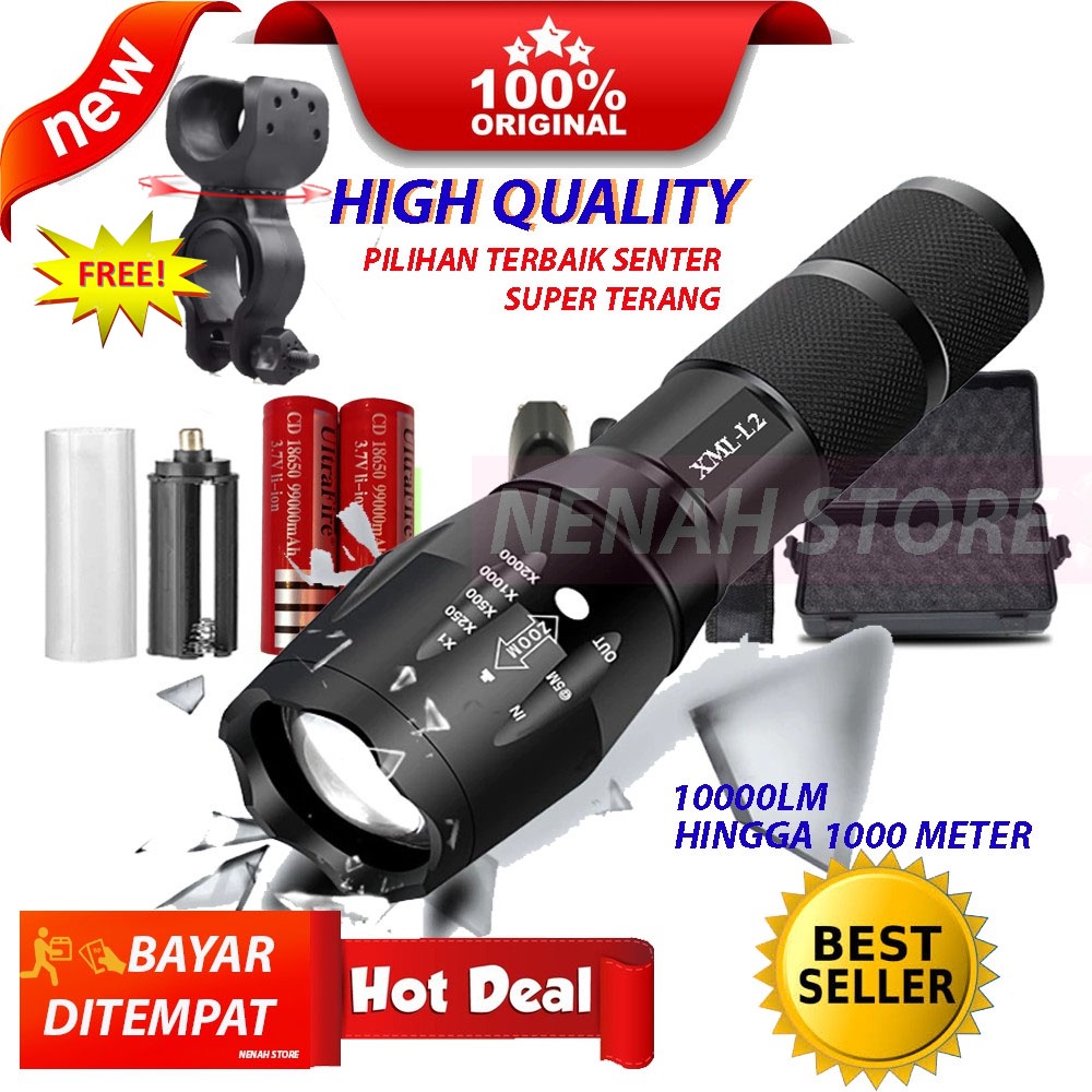 Paket Senter 10.000 Lumens Original Best Quality Senter Gunung LED Super Terang/ Senter LED Super Te