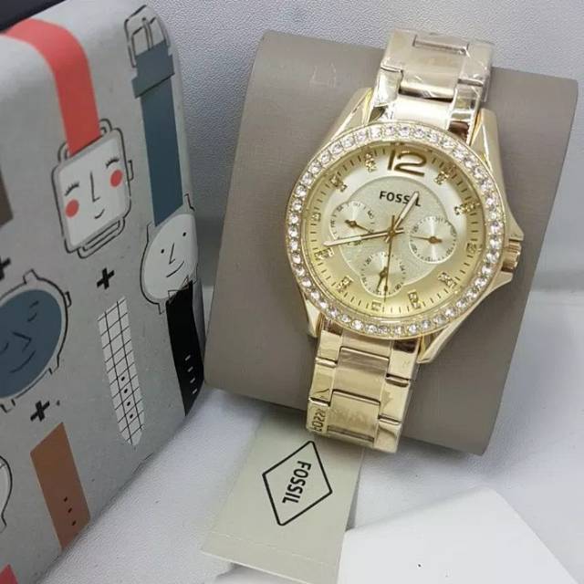 Jam Tangan Wanita Fossil ES 3203 Gold Rantai Original Murah