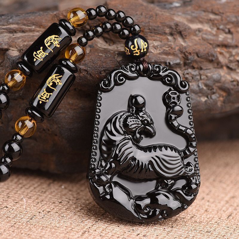 Kalung Liontin Batu Permata Hitam Bentuk Hewan Zodiak Gaya Retro Untuk Pria