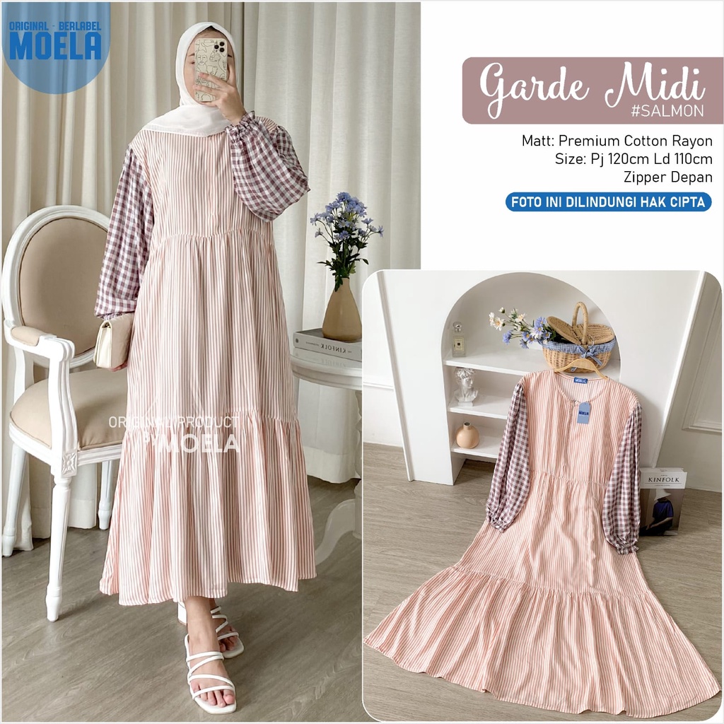GARDE MIDI ORIGINAL MOELA ld 110cm premium cotton rayon kombinasi kotak-kotak salur zipper depan BUS
