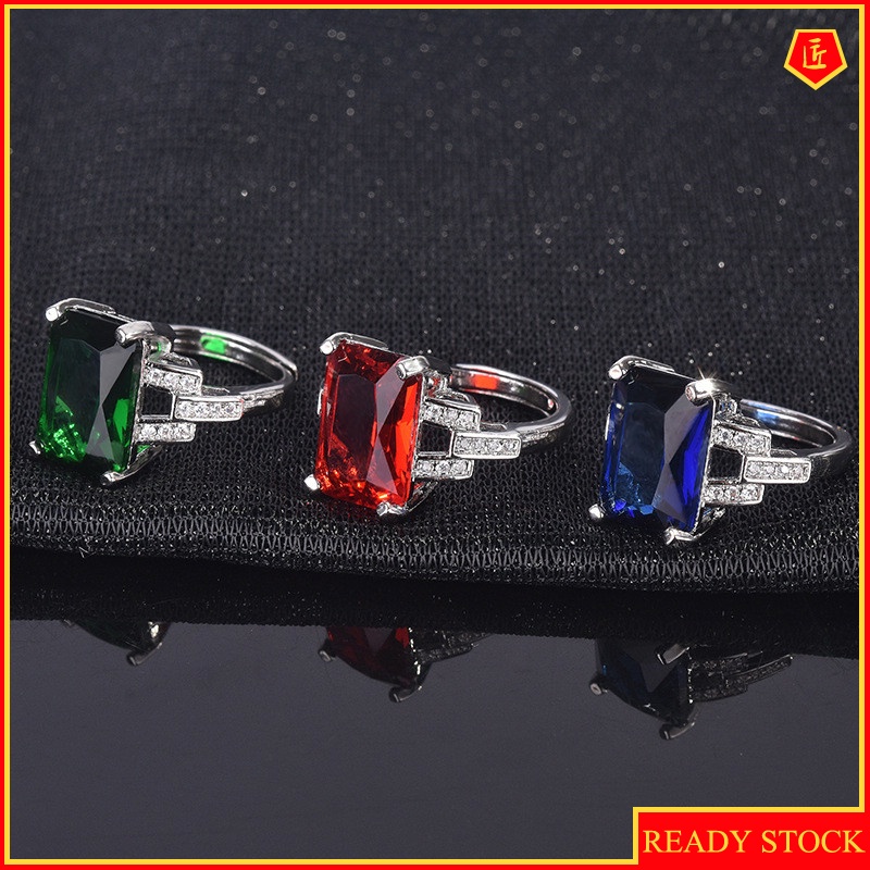 [Ready Stock]Elegant 925 Silver Color Gemstone Ring Square Tourmaline