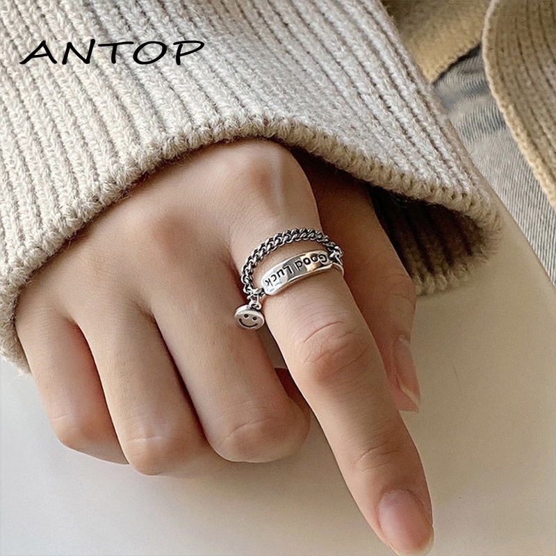 2 Pcs Fashion Keren Logam Cincin Retro Tren Rantai Wajah Tersenyum Jari Telunjuk Cincin Kepribadian Gaya Punk Perhiasan Sederhana Unisex ANTOP