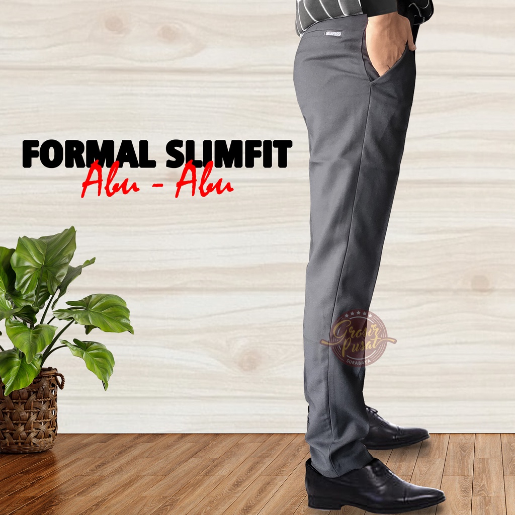 Celana Kerja Panjang Formal Slim Fit Kantor Pria Abu 27 - 38