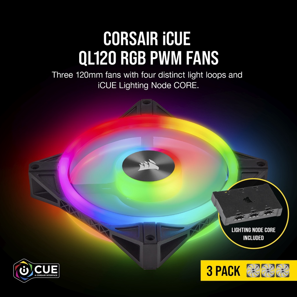 Corsair QL120 iCUE RGB 120mm PWM Fan - 3 Pack with Lighting Node CORE