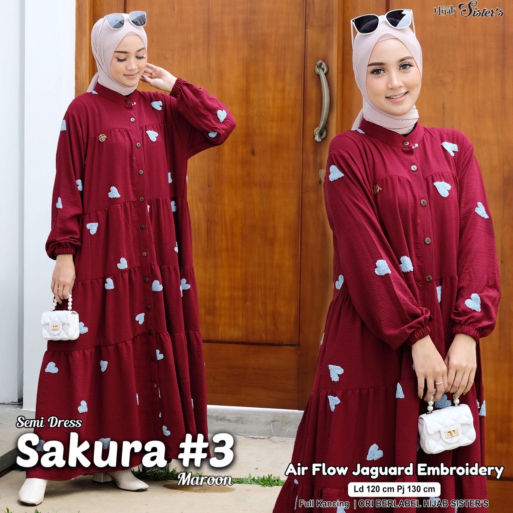 Hijab Sisters Dress Maxi Sakura Gamis Muslim Wanita Terbaru Crinkle Airflow Jaguard Jumbo LD 120