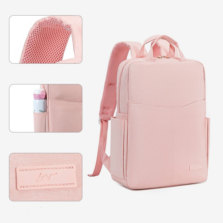 SmallLee Kesederhanaan Macaron Pink Tas Laptop 13 14 15.6 Inch Ransel Tas Sekolah untuk Wanita Tahan Air Tahan Guncangan Ransel