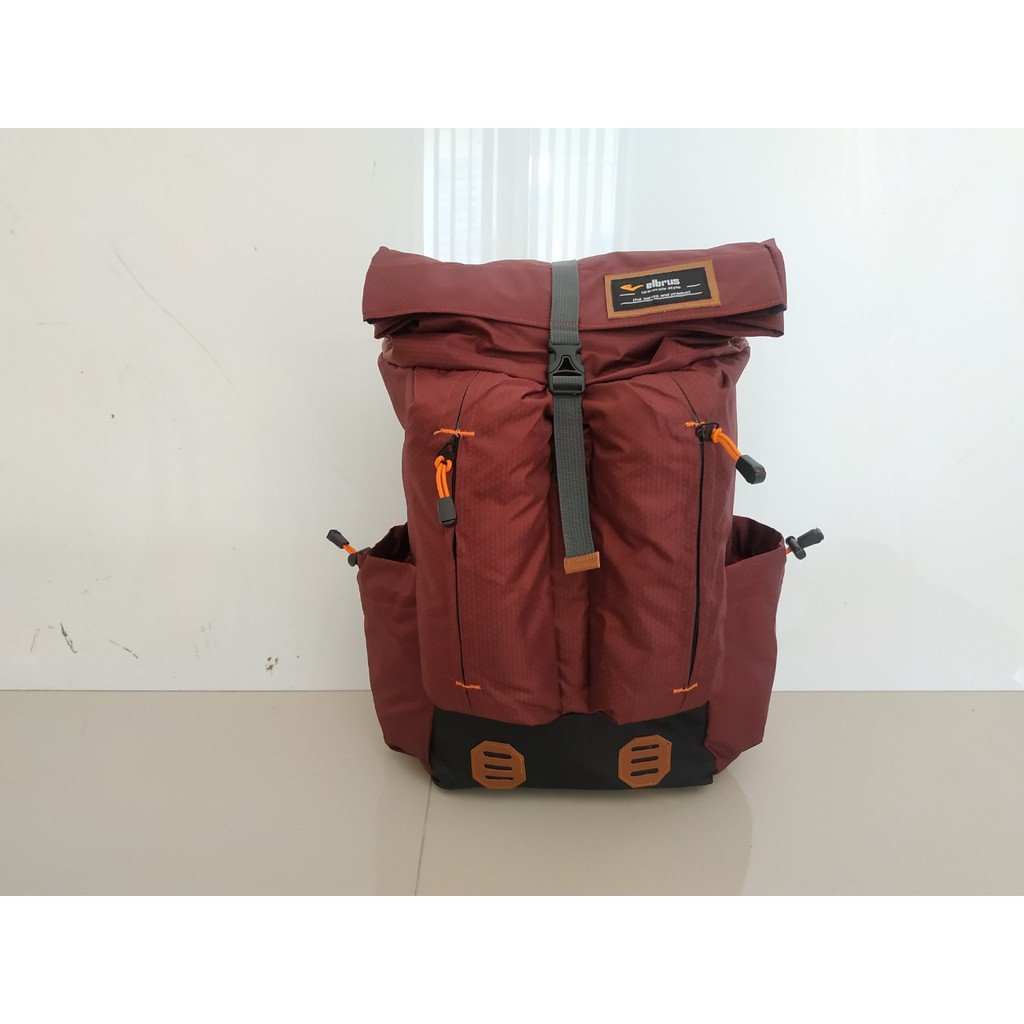 Elbrus Tas Punggung Pria Ransel Backpack Tutup Lipat Gulung Rolltop Tahan Air Hitam Merah Original