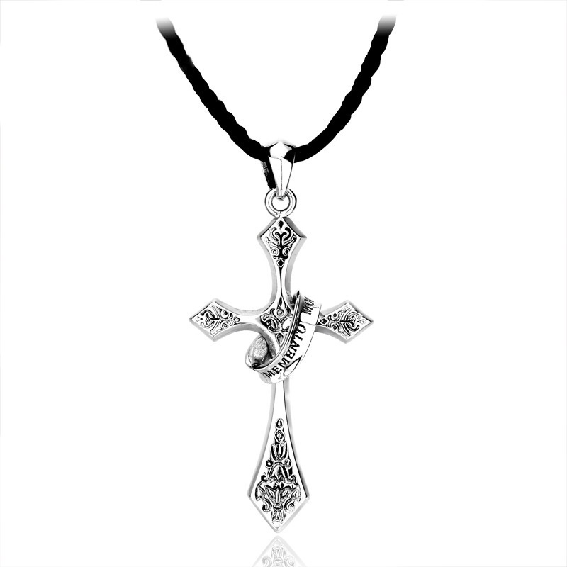 [Ready Stock]Fashion Personality Cross Men's Pendant Thai Silver Black Necklace