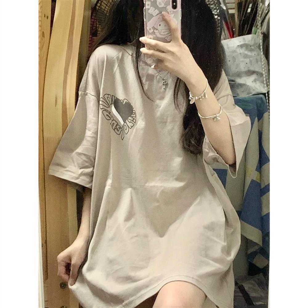 Suhao 100% katun Amerika retro lengan pendek T-shirt wanita versi Korea ins gaya Harajuku longgar mid-length pasang merek setengah lengan atas