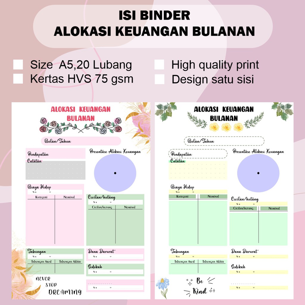 

Isian Binder (HANYA KERTAS) Uang Planner Alokasi Keuangan bulanan A5