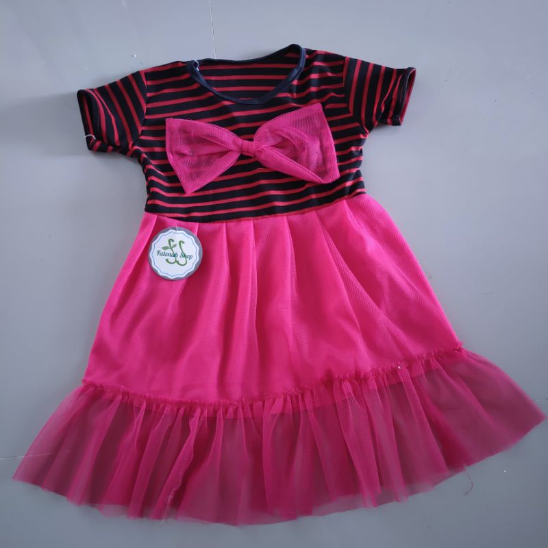 Dress Anak 7 8 9 Bulan - 1 Tahun cewek perempuan Gaun Pita tille ( Dress Hira Strip )