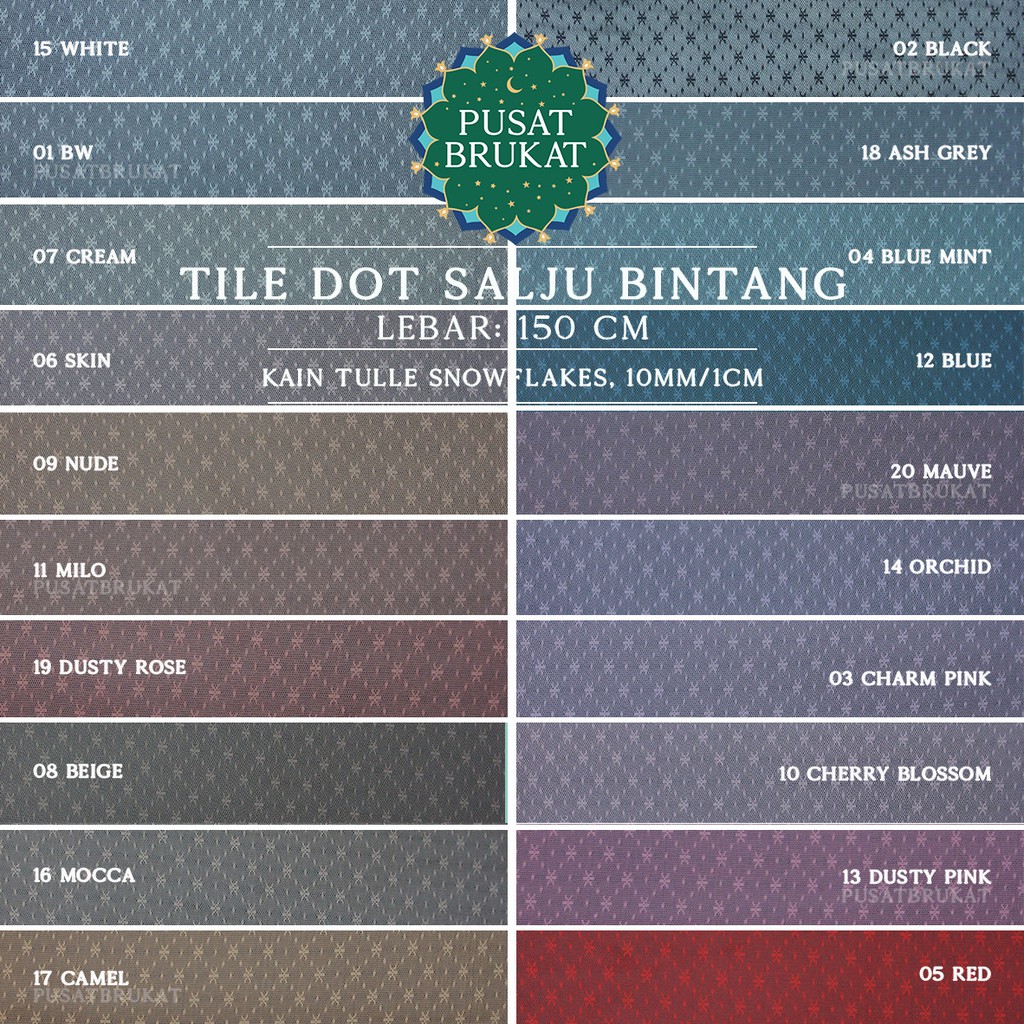 KAIN TILE DOT SALJU BINTANG 1 / TULLE SNOW FLAKES #1, Ø 1CM / 10MM, LEBAR:150CM [harga per 0.5m]