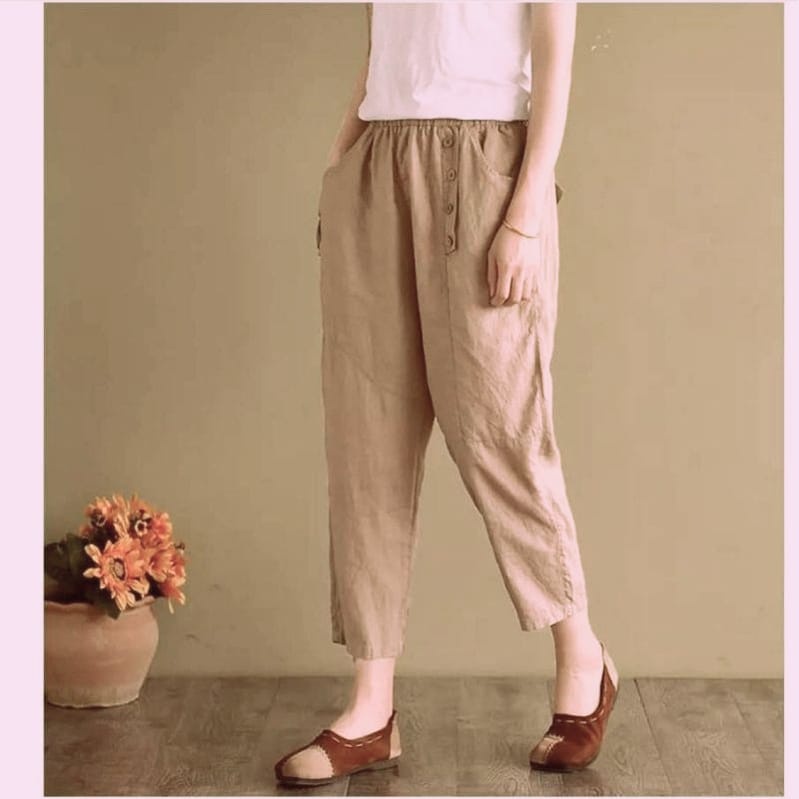 Celana Linen Wanita Korean Style Kancing Samping Pinggang Karet Bugy Pants