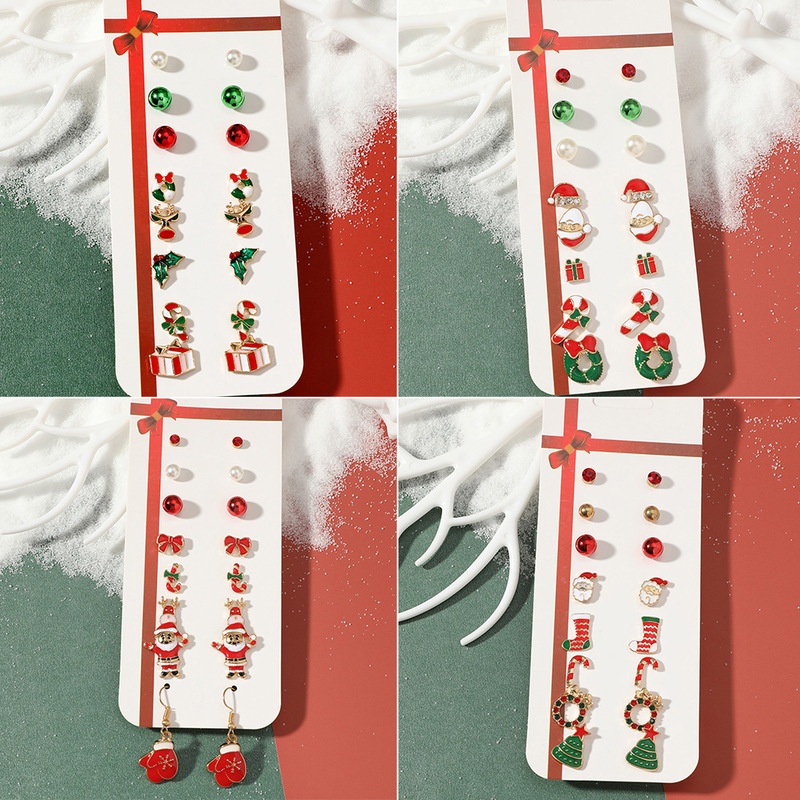 8pcs / Set Anting Stud Desain Santa Claus Snowman Pohon Bell Aksen Berlian Imitasi Gaya Korea Untuk Wanita