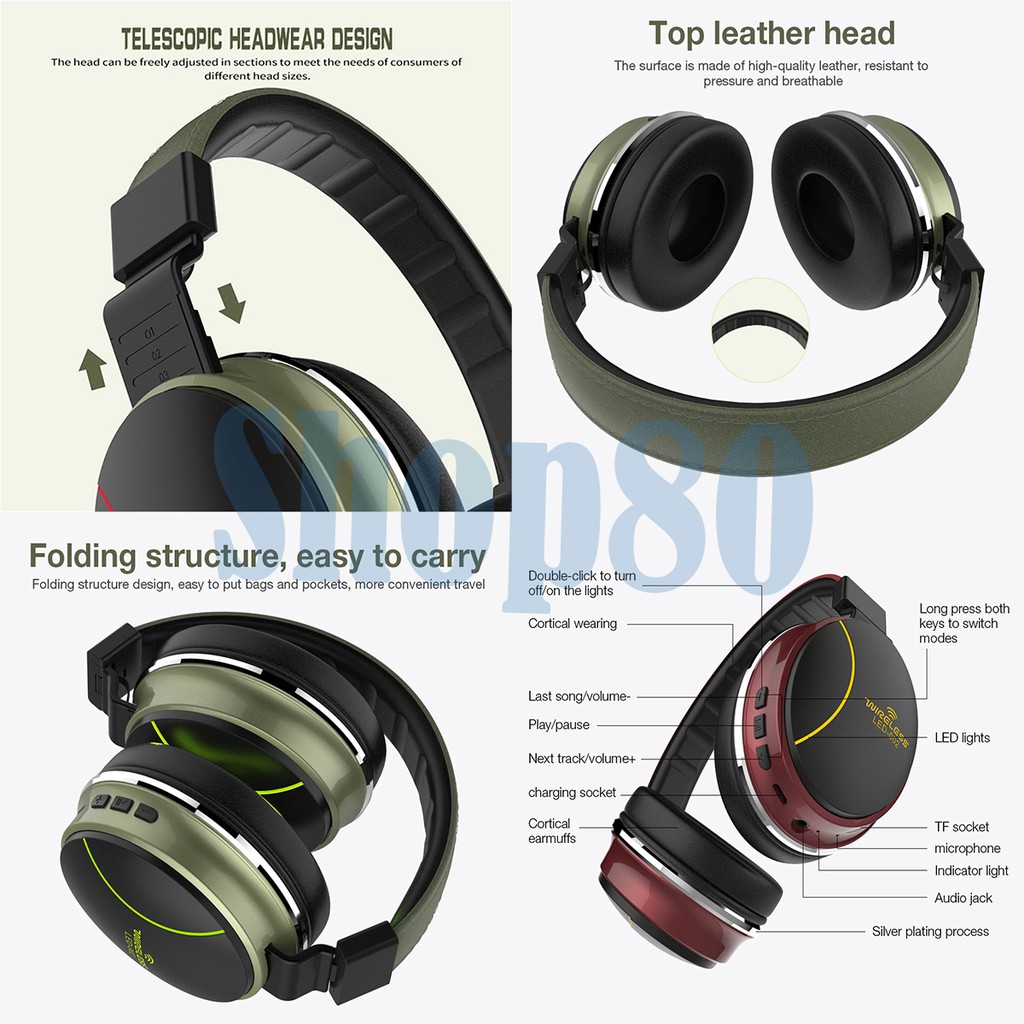 Headphone Bluetooth 5.0 Wireless LED-002 Music Bass Stereo Headset