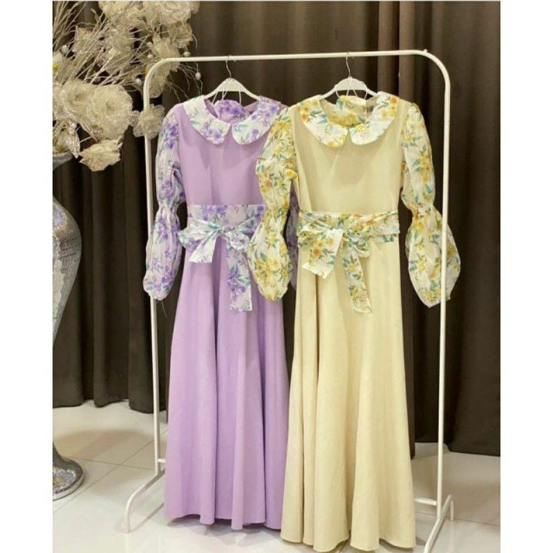 Brand VIVORIE ORIGINAL (REAL PICT) LILAC DAN CREAM GAMIS WANITA DRESS LEBARAN IMPORT