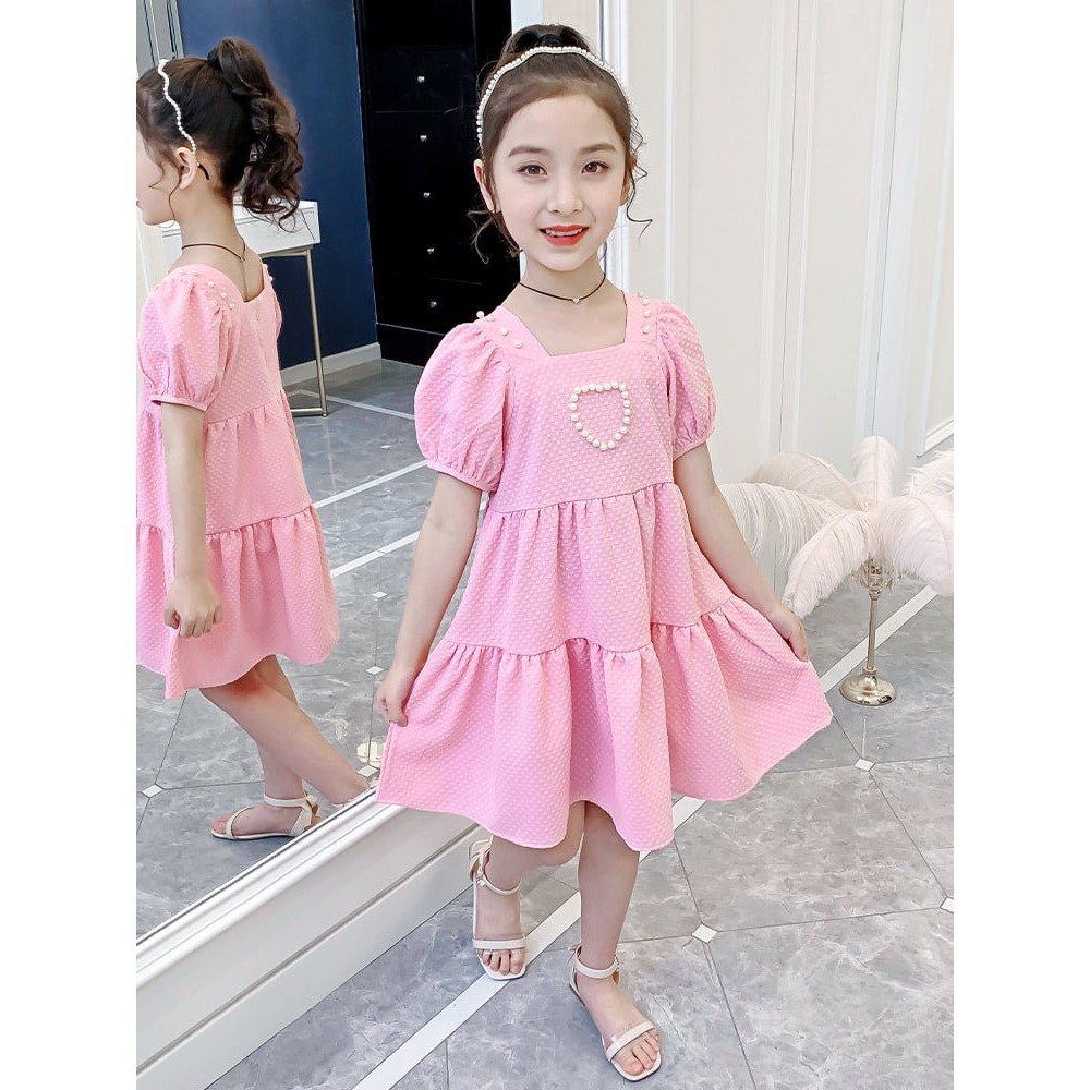 Promo !! Dress anak cewek imut dress pearl love shoulder colour import uk 3-8thn DOMINAN 160 (hijau,pink)