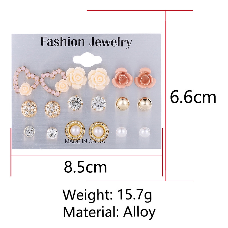 9pasang/set Gadis Mawar Hati Anting Perhiasan Elegan Wanita Fashion Mutiara Bunga Kristal Studs