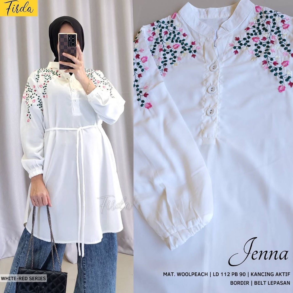 Jenna Tunik Firda Atasan Wanita Lengan Panjang Warna Putih Jumbo Bigsize LD 110 XXXL Bahan Wollpeach