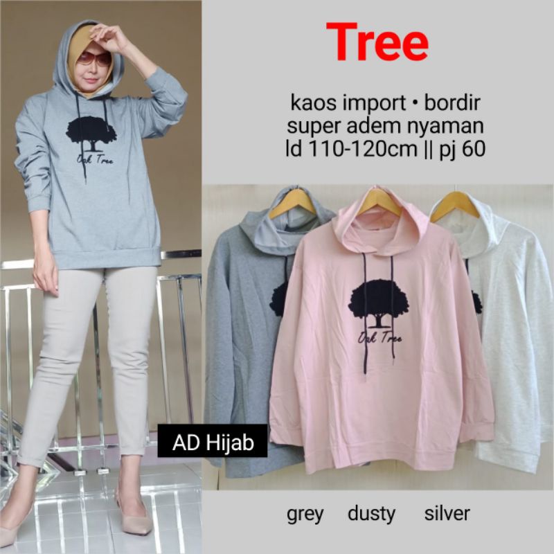 BAJU ATASAN WANITA JUMBO BIG SIZE KAOS LD 110-120 CM  // TREE HOODIE BY AD HIJAB FASHION HQ