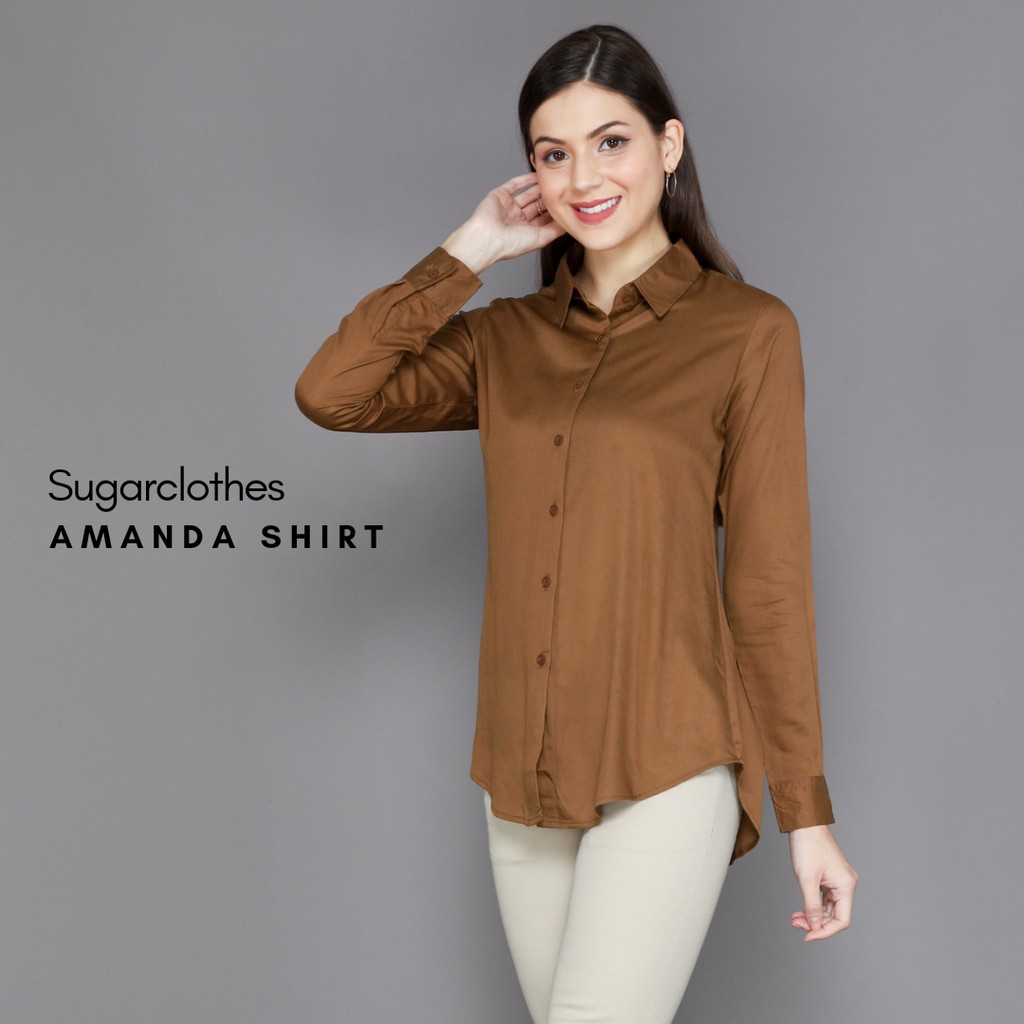 Kemeja Wanita Warna Coklat Tua, Baju Atasan Wanita Amanda Shirt Dark Brown