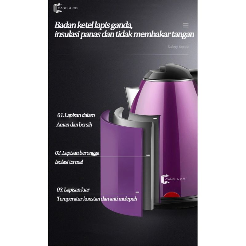 CANEL&CO 650 Watt Teko Listrik Otomatis Stainless Steel 2 Liter Teh Kopi Rumah / Kantor KL-NS