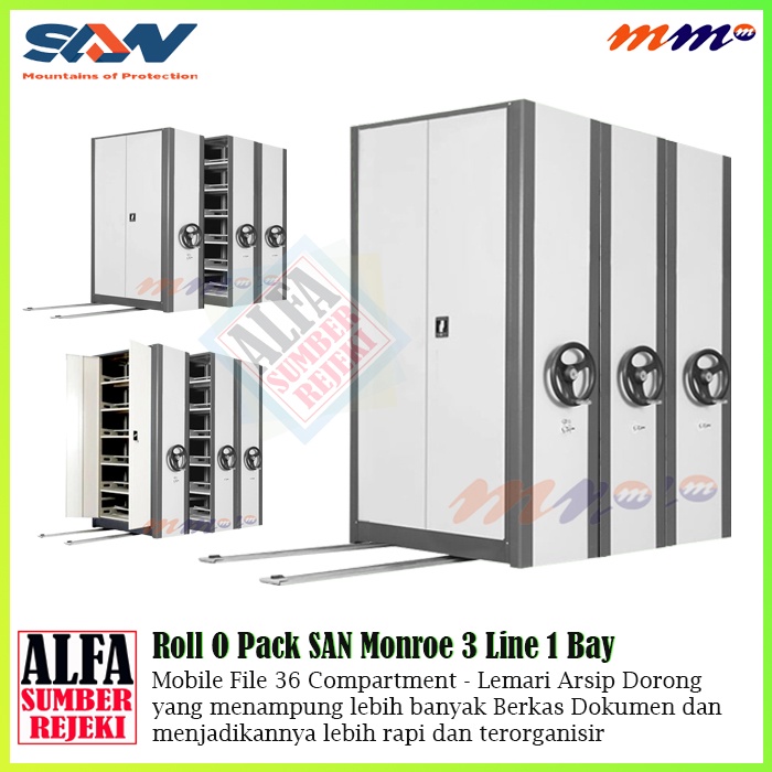 Mobile File SAN Monroe 3 Line 1 Bay - Lemari Roll O Pack Mekanik 36 Compartment