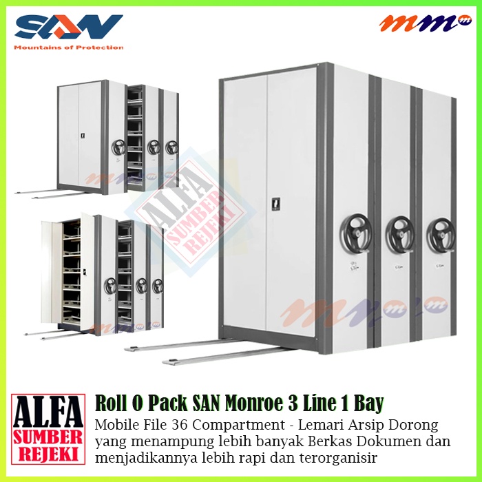 

Mobile File SAN Monroe 3 Line 1 Bay - Lemari Roll O Pack Mekanik 36 Compartment