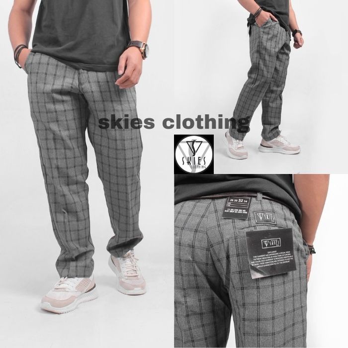 Celana Tartan Panjang Pria Motif Kotak abu Garis Hitam Slimfit Katun Semi Wol Outfit Original Skies