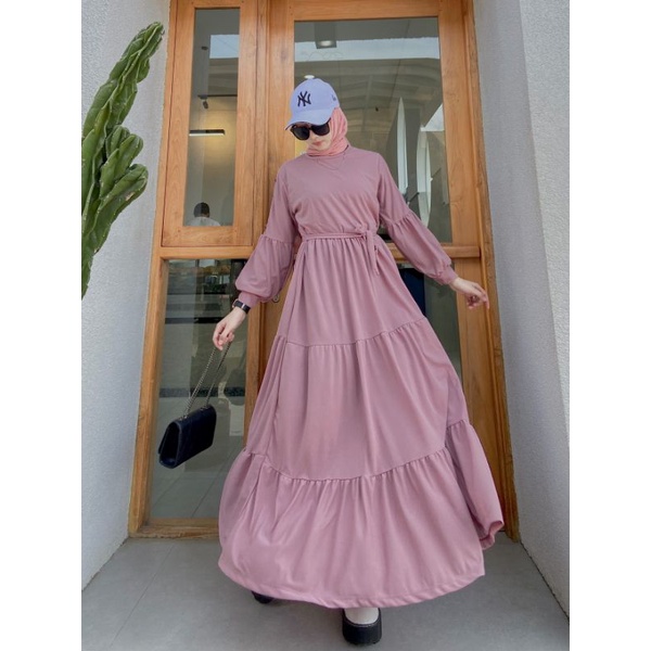 Gamis Wanita Lengan Panjang Fashion Muslim Devi Fit  L-XL Lingkar Dada 100cm Panjang 130cm-Devi Button Pink