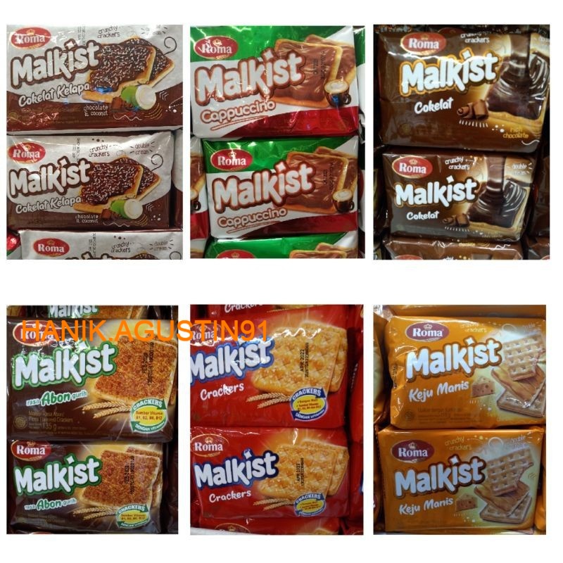 

Roma Malkist Krim Keju Manis,abon,cokelat kelapa,coklat,capucino,malkist crackrer 115 Gram