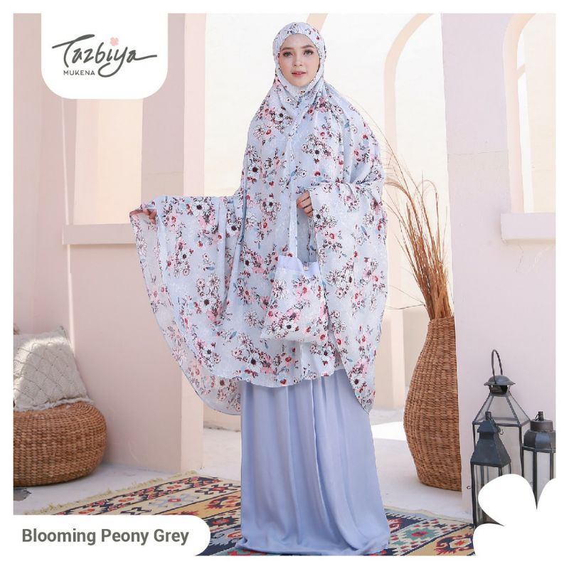 Mukenah Tazbiya Blooming Piony Series Blue/Grey/Pink Dewasa Jumbo Katun Rayon Adem Motif Cantik