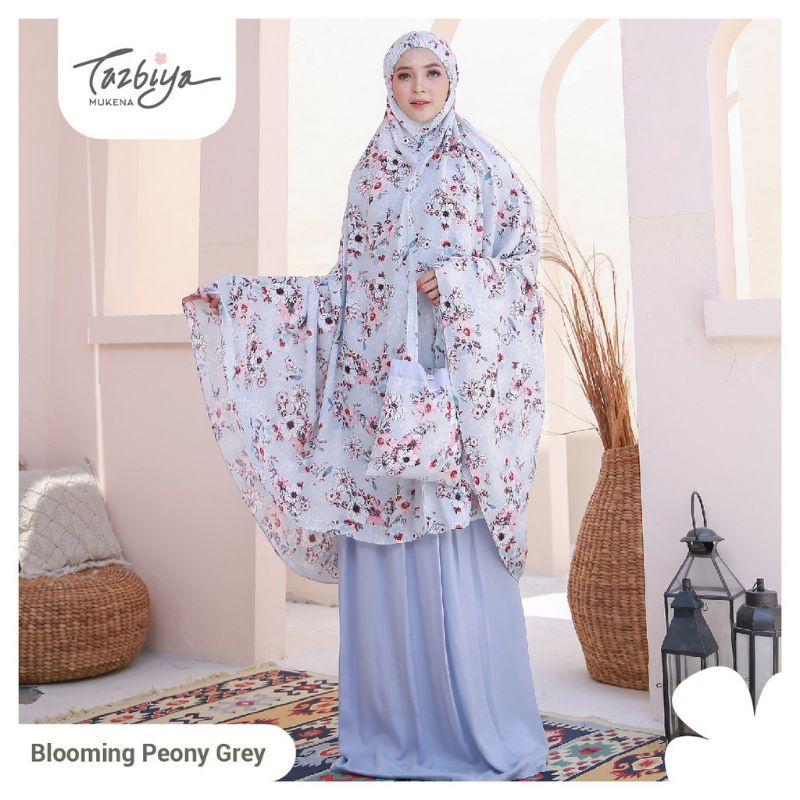 Mukenah Tazbiya Blooming Piony Series Blue/Grey/Pink Dewasa Jumbo Katun Rayon Adem Motif Cantik